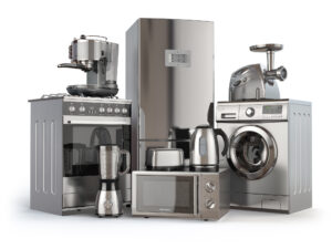 Home appliances. Gas cooker, refrigerator, microwave and washi