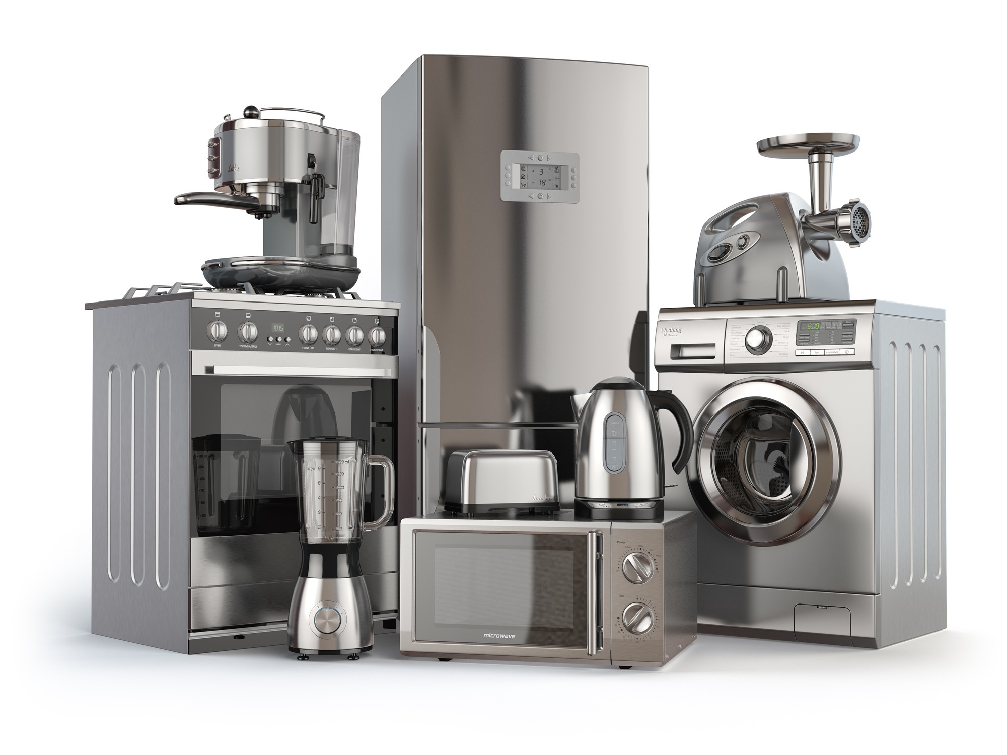 Home appliances. Gas cooker, refrigerator, microwave and washi