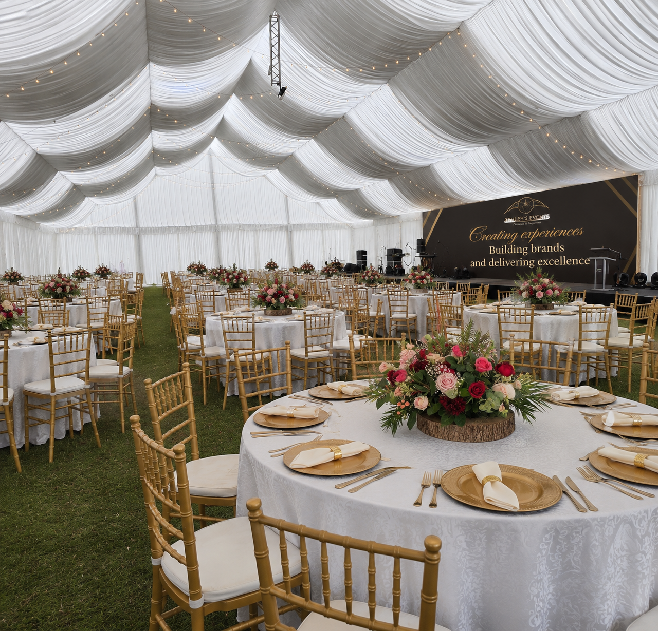 Elegant Ashley’s Events banquet with gold chairs and white ceiling draping