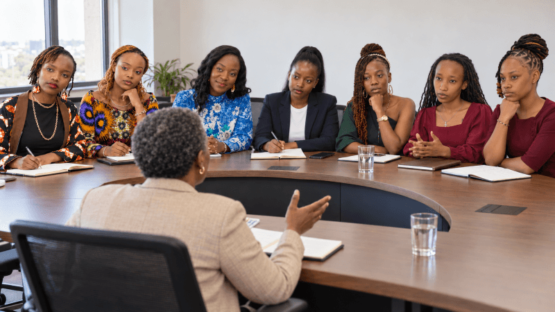 Campaign visual of Miss Corporate Kenya nominees in a mentoring conversation.